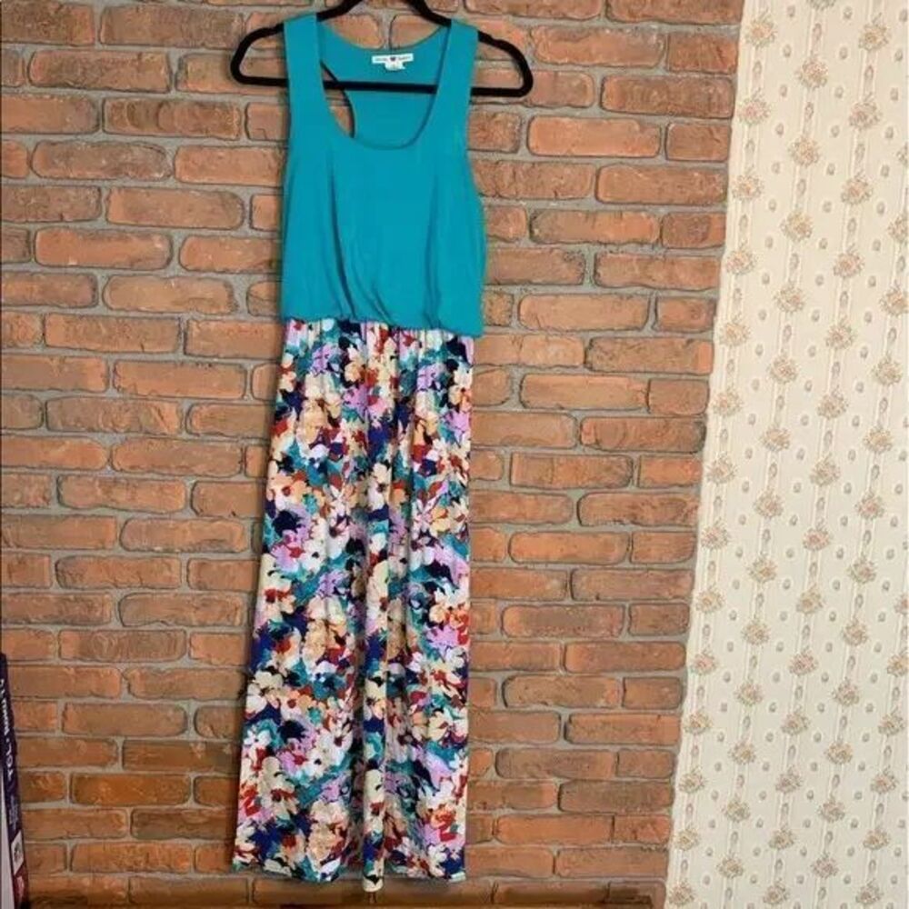 Y2K Derek Heart Maxi Dress Womens Medium Blue Floral Print‎ Sleeveless Sundress